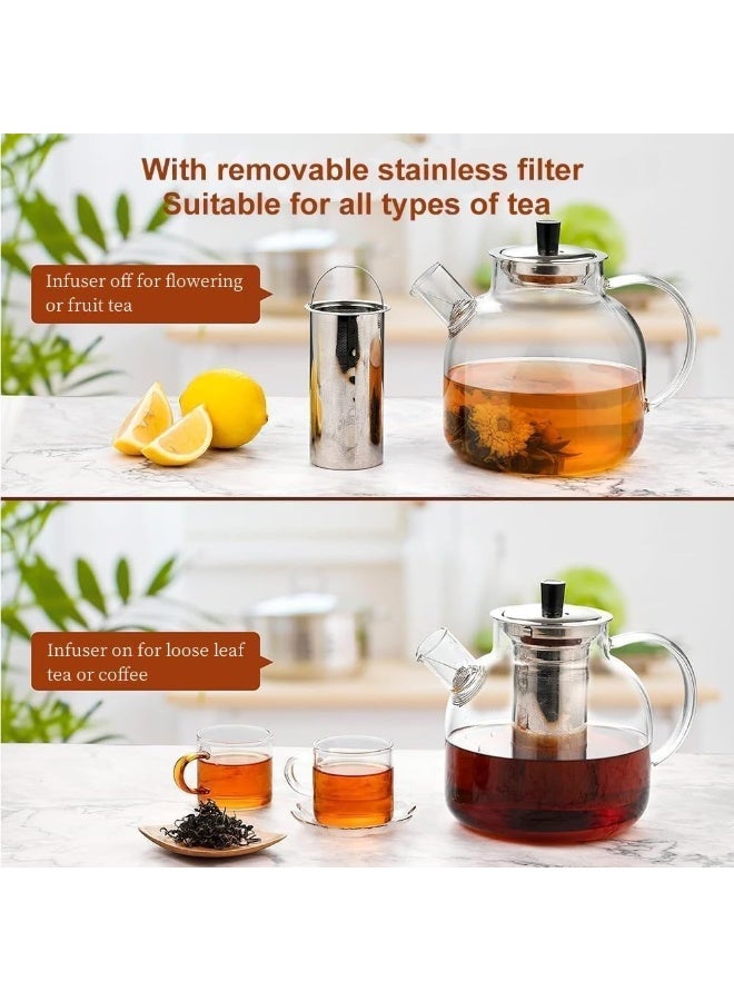 1500ml  Large Round Glass Teapot with Removable Stainless Steel Infuser Strainer, Borosilicate Heat Resistant Stovetop Safe Glass Tea Kettle Blooming and Loose Leaf Tea Maker - Image 3