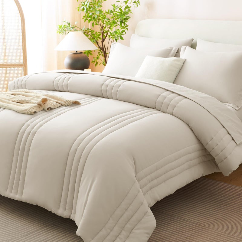 CozyLux King Size Comforter Set - 7 Pieces Bed in a Bag Beige Comforters King Size Bed Set, Soft Bedding Set with All Seasons Comforter, Sheets, Pillowcases & Shams - Image 1