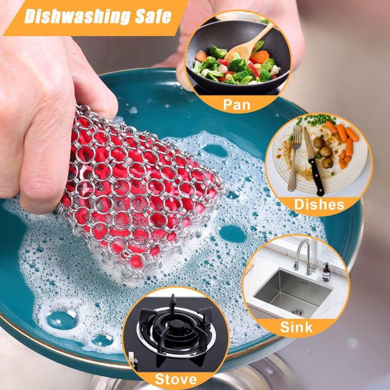 TEZZ 5 Pieces Cast Iron Cleaner Kit Include Stainless Steel Chainmail Scrubber, Dish Scrub Brush, Dual Sided Kitchen Dish Scrubber Sponge, Hot Handle Holder For Cleaning Cast Iron Skillets, Pot & Pans - Image 2