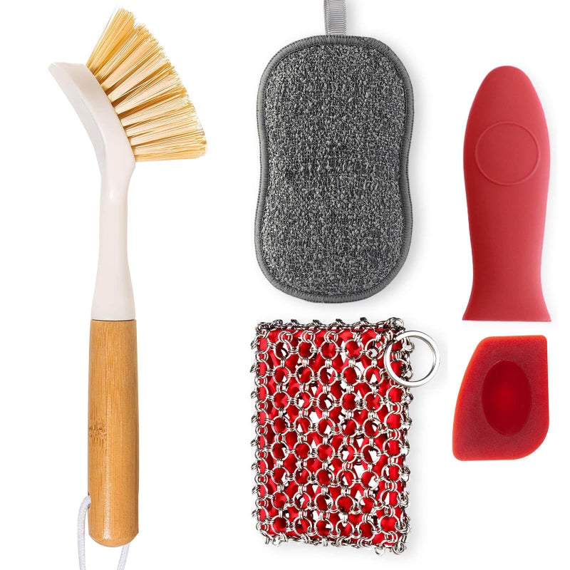 TEZZ 5 Pieces Cast Iron Cleaner Kit Include Stainless Steel Chainmail Scrubber, Dish Scrub Brush, Dual Sided Kitchen Dish Scrubber Sponge, Hot Handle Holder For Cleaning Cast Iron Skillets, Pot & Pans - Image 1