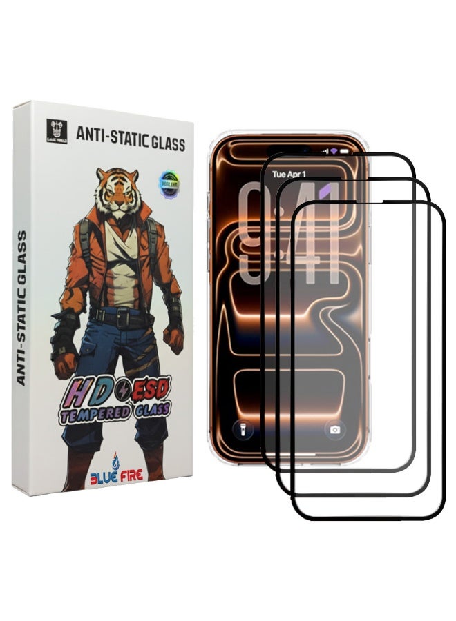 بلو فاير® واقي شاشة زجاجي مقوى مقاوم للغبار لهاتف iPhone 17 Pro – عبوة ثلاثية 3 قطع، حماية فائقة بصلابة 9H ضد الخدوش والصدمات، وضوح فائق الدقة HD، تقنية مضادة للكهرباء الساكنة والغبار، طبقة مقاومة لبصمات الأصابع والزيوت، تركيب سهل بدون فقاعات، تصميم متوافق مع الغطاء الواقي - Image 1
