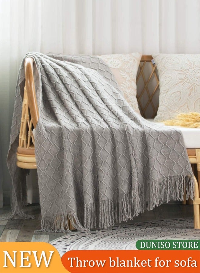 DUNISO Knitted Throw Blankets，Lightweight Soft Throw Blanket For Couch, Woven Throw Blanket With Tassels，Portable Decorative Throw，Suitable For All Seasons，Suitable For Bed, Sofa, Travel，130 * 170cm, Grey  - Image 1