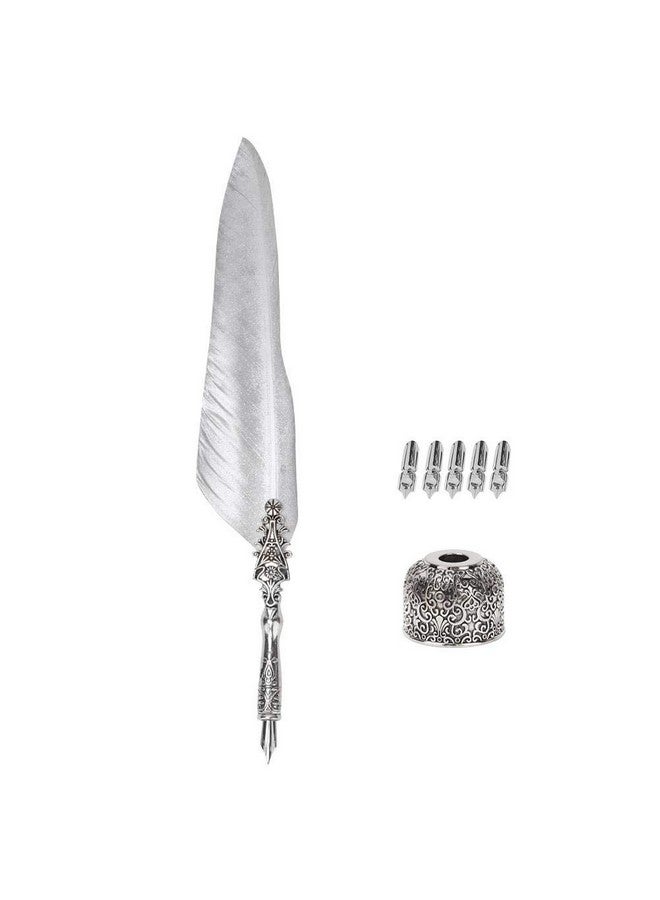 Hakeeta Quill Pen Set, Vintage Fountain Pen, Quill Dip Pen, Of Feathers, Unique, For Festival Present, Birthday Gift, With +Pen Nib+Pen Holder(Silver 2) - Image 1