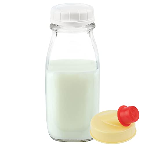 kitchentoolz Glass Creamer Bottle 12 Oz Square Glass Milk Bottle with Lids- Perfect Milk Container for Refrigerator - 12 Ounce Milk Bottle with Lid and Pour Spout - Image 1
