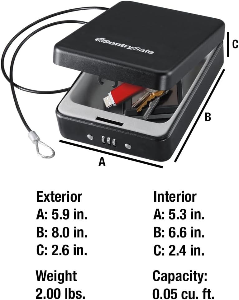 SentrySafe Small Safe, Black Lock Box with Combination Lock for Office or Dorm Secures Money, Passport, Jewelry, 0.05 Cubic Feet, Exterior: 2.6 in. H x 5.9 in. W x 8.0 in. D, ‎P005C - Image 5