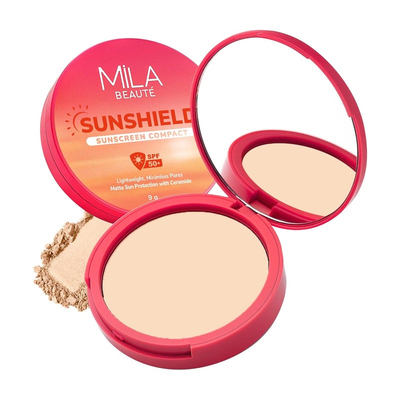 Mila Beaute Sun Shield Sunscreen Compact for Women | Spf 50 Pa+++ Uv Protection | Oil-free Pore Blurring Matte Finish | Niacinamide & Ceramides | Lightweight & Suitable for All Skin Types ( 9g - 3 Beige ) - Image 1