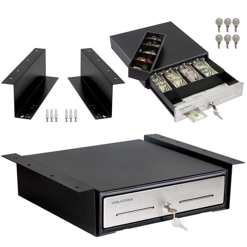 Volcora Cash Register Drawer with Under Counter Mounting Bracket - 13" Cash Drawer for POS, Stainless Steel Front 4 Bill 5 Coin Cash Tray, Removable Coin Tray, 24V RJ11/RJ12 Key-Lock, 2 Media Slots - Image 1