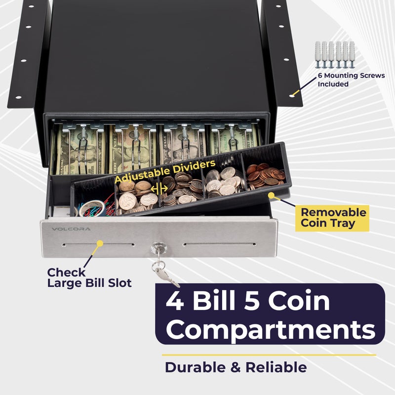 Volcora Cash Register Drawer with Under Counter Mounting Bracket - 13" Cash Drawer for POS, Stainless Steel Front 4 Bill 5 Coin Cash Tray, Removable Coin Tray, 24V RJ11/RJ12 Key-Lock, 2 Media Slots - Image 3