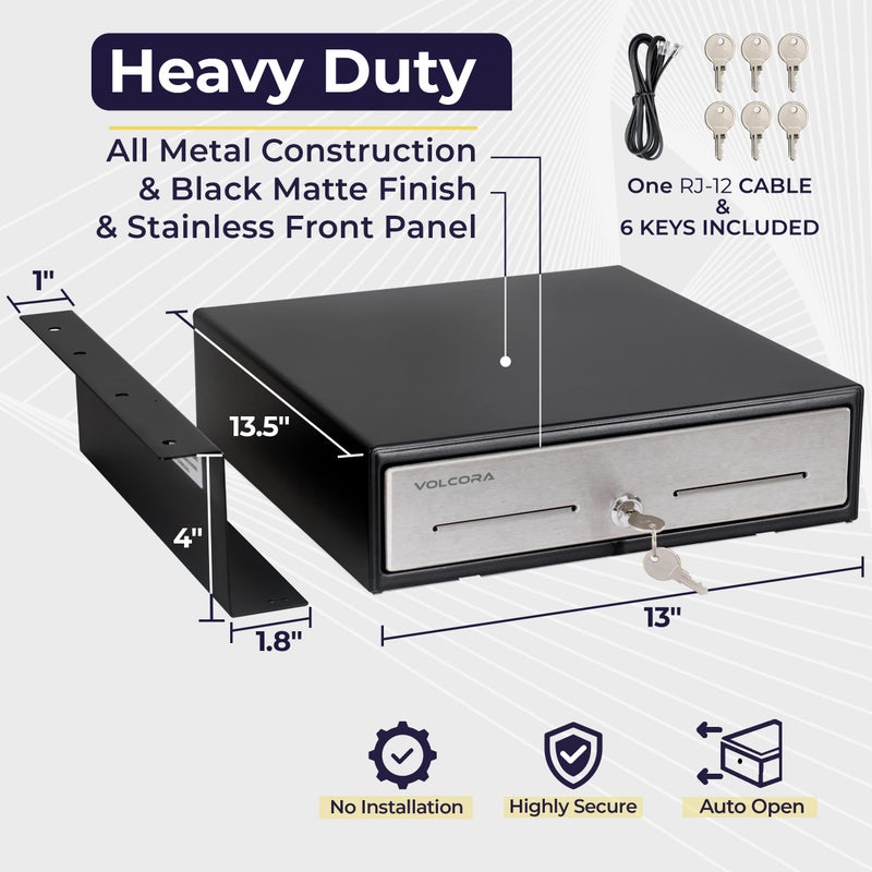 Volcora Cash Register Drawer with Under Counter Mounting Bracket - 13" Cash Drawer for POS, Stainless Steel Front 4 Bill 5 Coin Cash Tray, Removable Coin Tray, 24V RJ11/RJ12 Key-Lock, 2 Media Slots - Image 2
