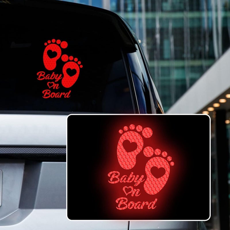 SWIUKPHE High Intensity Reflective Baby on d Car Sticker, Waterproof Cute Footprint Baby in Car Decal Safety Warning Sign Kids on d Decal for Car Bumper Window (Red) - Image 1