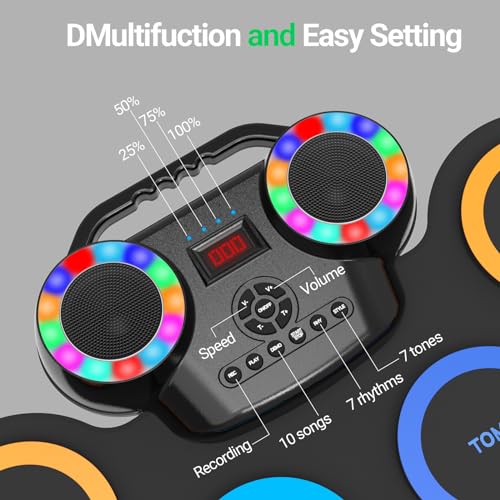 ROCKSOCKI Electronic Drum Set 9Pads with LED Lights, Bluetooth Portable Electronic Drum Kit, Roll-Up Practice Drum Pad, Built-in Dual Speakers, Headphone, Holiday Birthday Gift for Kids - Image 3