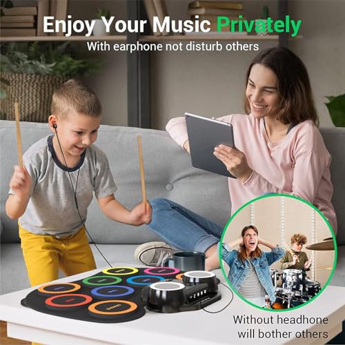 ROCKSOCKI Electronic Drum Set 9Pads with LED Lights, Bluetooth Portable Electronic Drum Kit, Roll-Up Practice Drum Pad, Built-in Dual Speakers, Headphone, Holiday Birthday Gift for Kids - Image 4