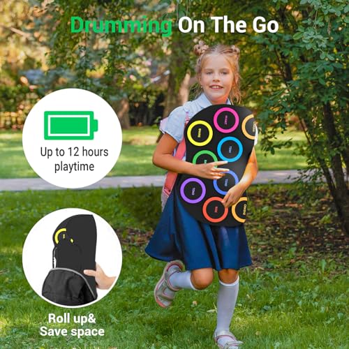 ROCKSOCKI Electronic Drum Set 9Pads with LED Lights, Bluetooth Portable Electronic Drum Kit, Roll-Up Practice Drum Pad, Built-in Dual Speakers, Headphone, Holiday Birthday Gift for Kids - Image 5