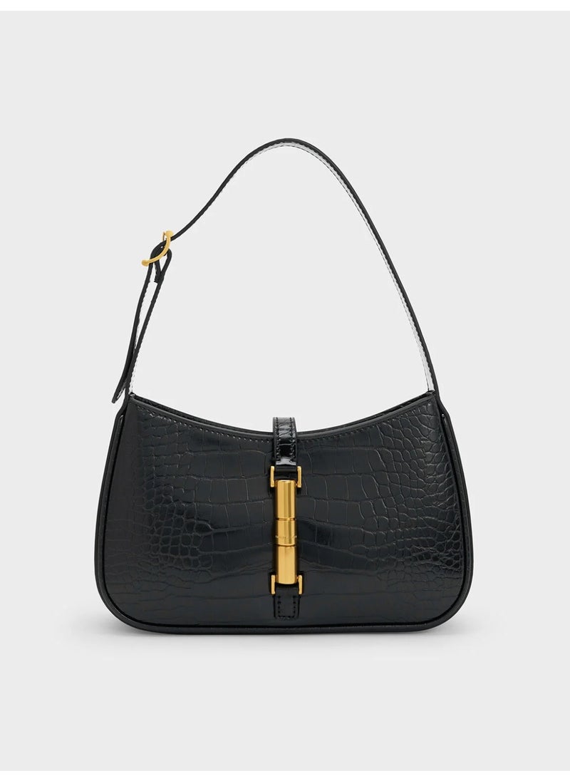 Charles & Keith CHARLES & KEITH Cesia Croc-Effect Metallic-Accent Shoulder Bag for Women - Black  - Image 1