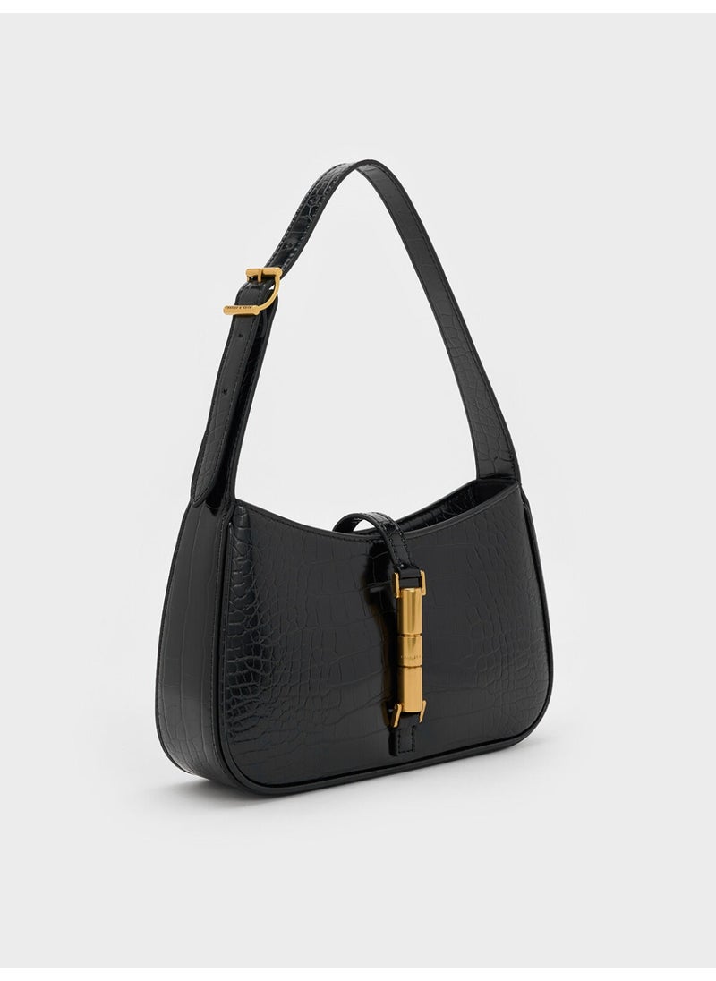 Charles & Keith CHARLES & KEITH Cesia Croc-Effect Metallic-Accent Shoulder Bag for Women - Black  - Image 5