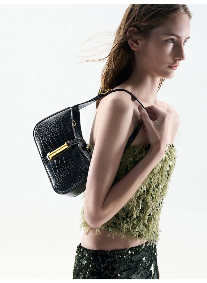Charles & Keith CHARLES & KEITH Cesia Croc-Effect Metallic-Accent Shoulder Bag for Women - Black  - Image 2