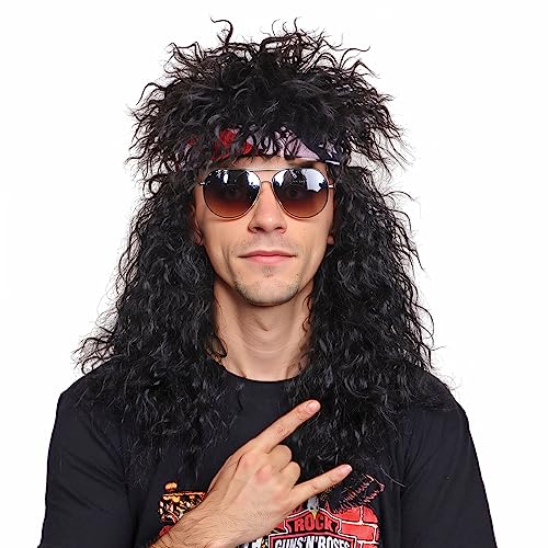 FantaLook 80s Wig with Bandana for Men Long Curly Black Rocker cosplay wig for Halloween - Image 3