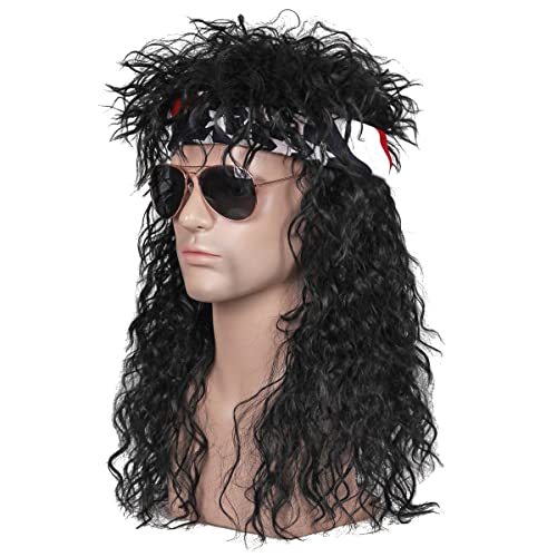 FantaLook 80s Wig with Bandana for Men Long Curly Black Rocker cosplay wig for Halloween - Image 5