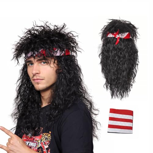 FantaLook 80s Wig with Bandana for Men Long Curly Black Rocker cosplay wig for Halloween - Image 1