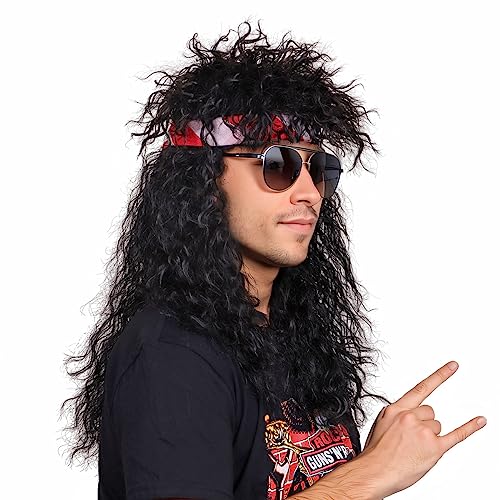 FantaLook 80s Wig with Bandana for Men Long Curly Black Rocker cosplay wig for Halloween - Image 4