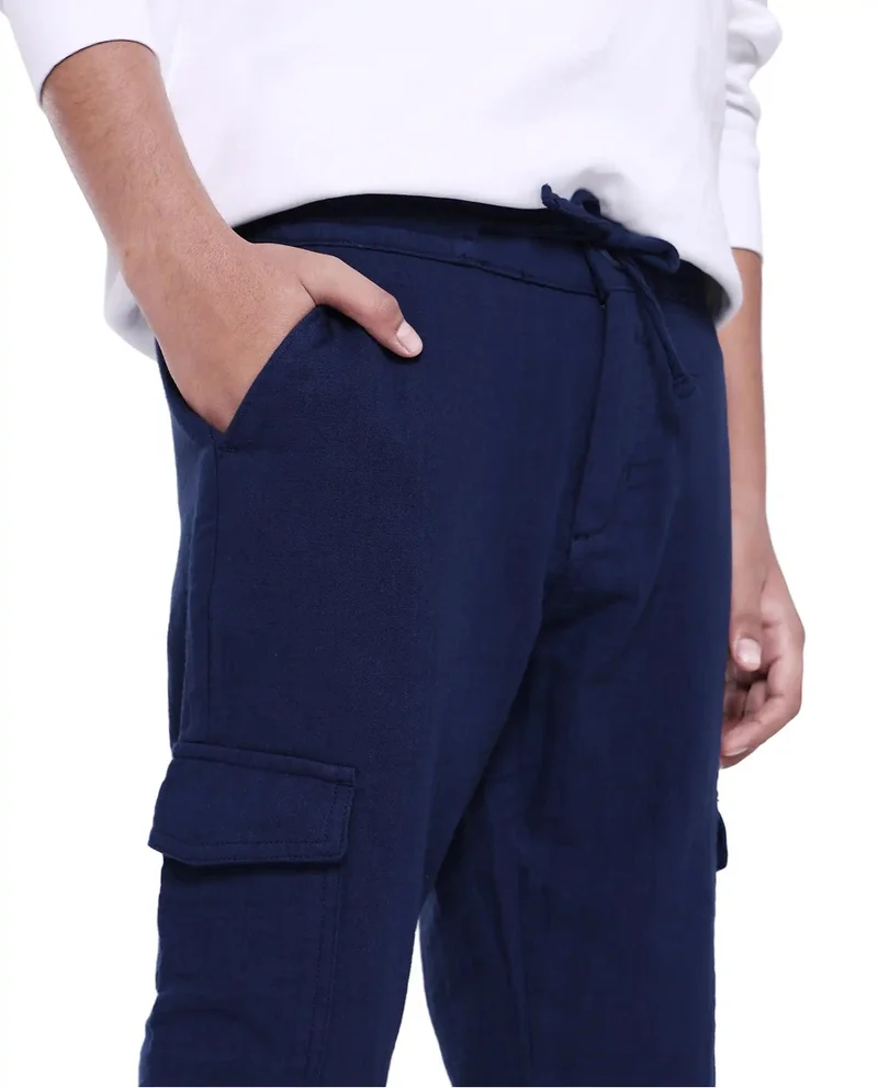 Rare Ones Rare Ones Kids Presti Navy Cotton Solid Drawstring Closure Regular Fit Cargo
