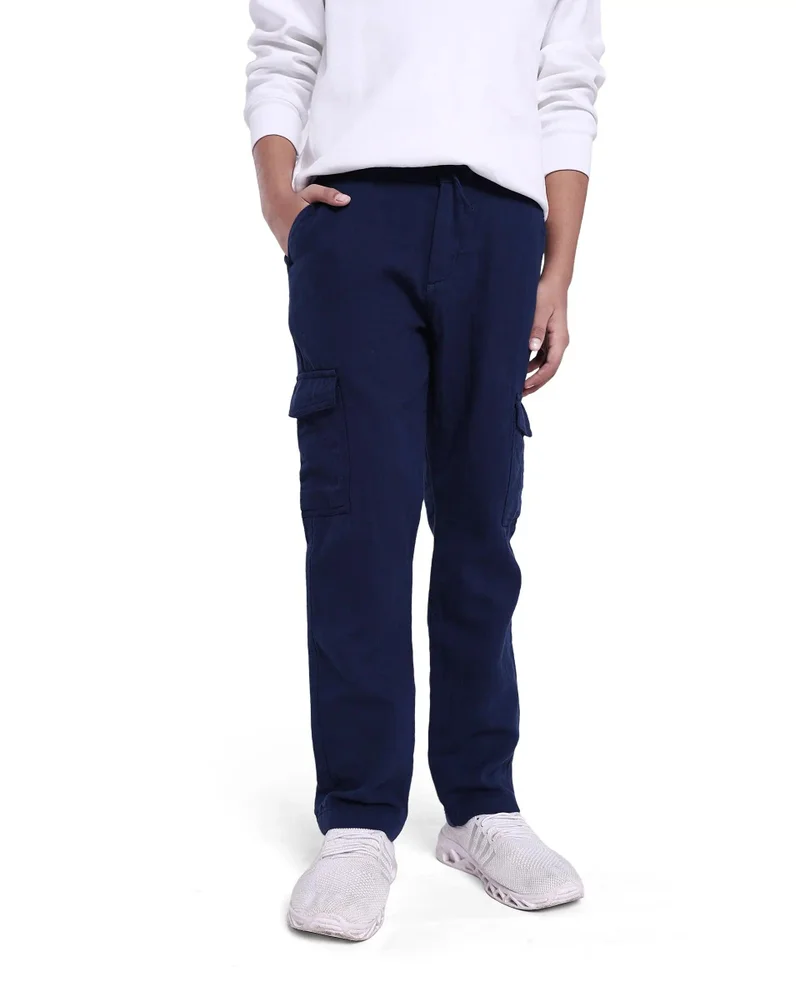 Rare Ones Rare Ones Kids Presti Navy Cotton Solid Drawstring Closure Regular Fit Cargo