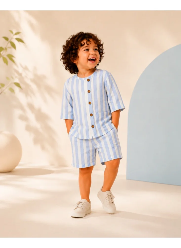 Luay LUAY Boys Yarn Dyed Cotton Poplin Shirt & Shorts Co-Ord Set | Striped Short Sleeve Two-Piece Outfit | Soft Breathable Casual Summer Clothing for Boys