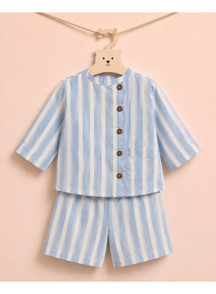 Luay LUAY Boys Yarn Dyed Cotton Poplin Shirt & Shorts Co-Ord Set | Striped Short Sleeve Two-Piece Outfit | Soft Breathable Casual Summer Clothing for Boys