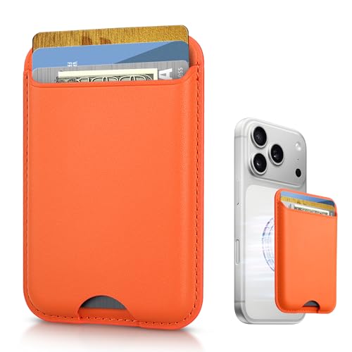 KPNEOL Magnetic Mag-safe Wallet Cell Phone Card Holder for Phone Case with Mag-Safe, Stronger Magnetic RFID Leather Stick on Phone Wallet Compatible with iPhone 17/16/15/14/13/12 Series, Orange Color - Image 1