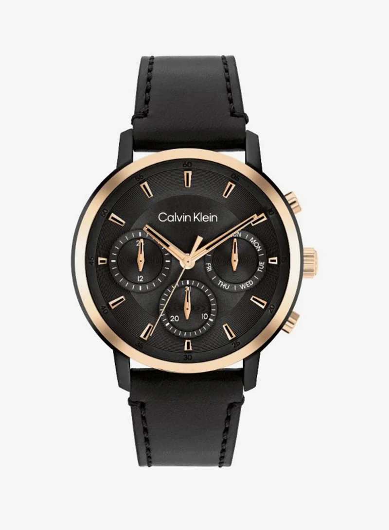 Men's Quartz Multifunction Watch, Black Dial, Black Leather Strap