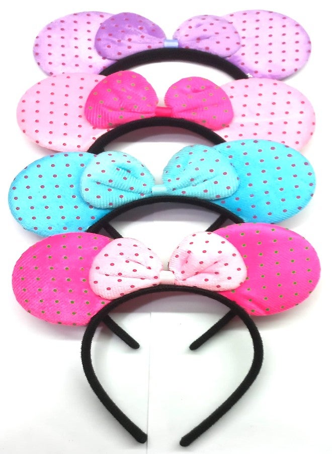 OMX 4 PC Set of Cartoon Mouse Hairband for Girls Kids Women. Ears Headband with Dotted Bow for Baby, 4 Colours - Image 1