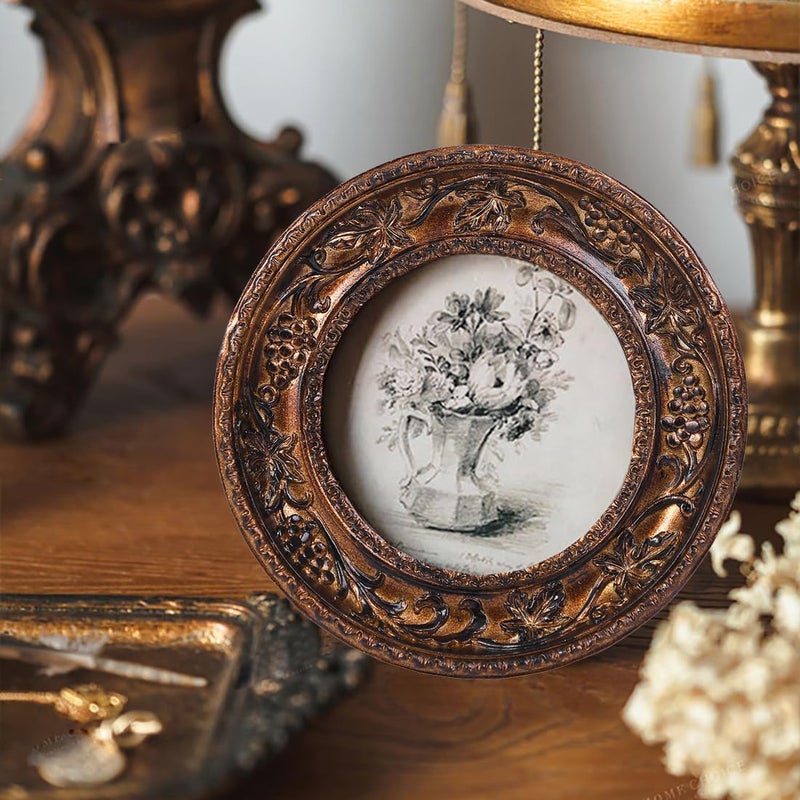 SIKOO 4?4 Vintage Picture Frame Antique Round Picture Frame Tabletop and Wall Mount Display Vintage Wall Decor  Bronze Gold - Image 2