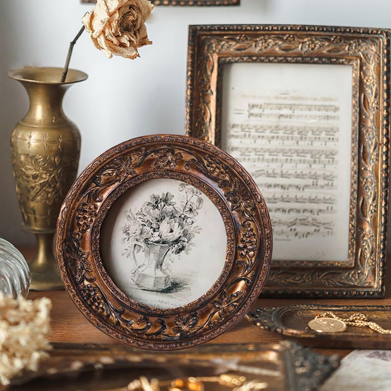 SIKOO 4?4 Vintage Picture Frame Antique Round Picture Frame Tabletop and Wall Mount Display Vintage Wall Decor  Bronze Gold - Image 3