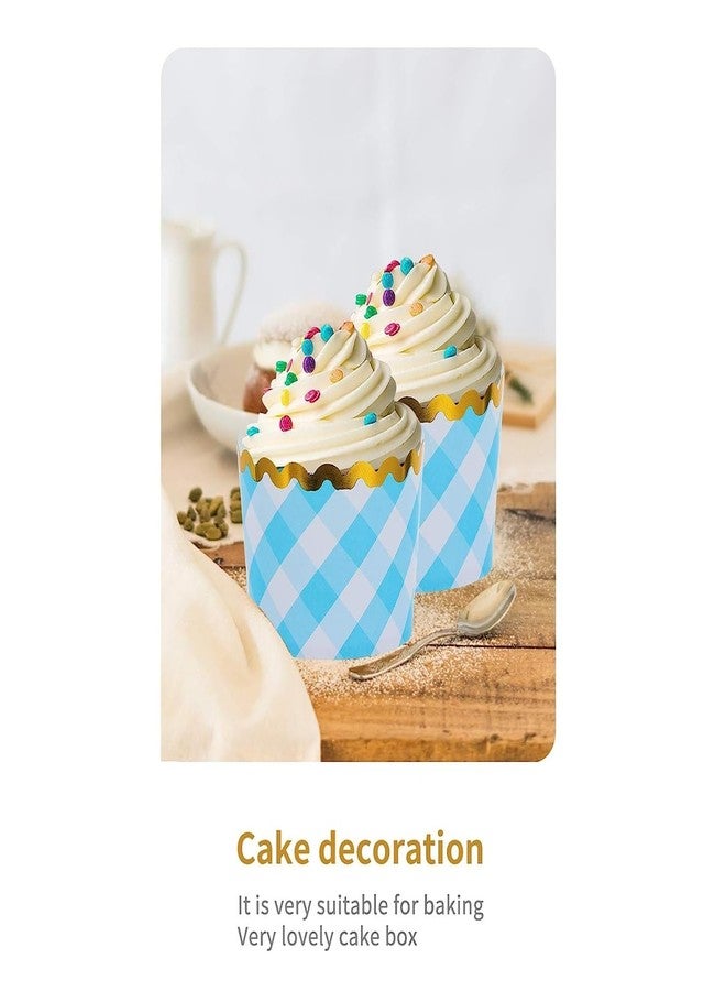 Cake Decor -Large Blue & White Checkered Muffin Cupcake Liners with Golden Border - Greaseproof, Food-Grade, Standalone Baking Cups - Pack of 50 - Image 4