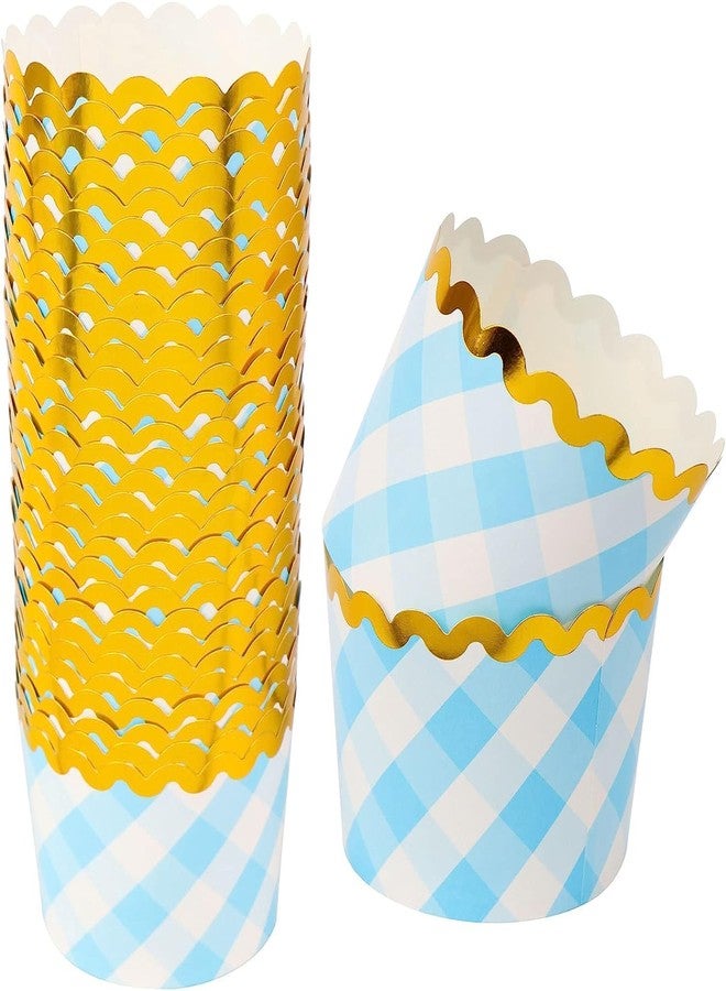 Cake Decor -Large Blue & White Checkered Muffin Cupcake Liners with Golden Border - Greaseproof, Food-Grade, Standalone Baking Cups - Pack of 50 - Image 2