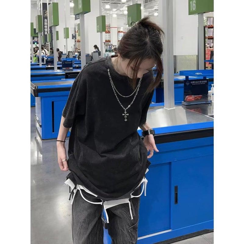 Summer White Cotton Short-Sleeved T-Shirt for Men and Women Ins K-Style Hong Kong Style Trendy Hanging Chain Half-Sleeved T-Shirt 2025 Spring and Summer t - Image 5