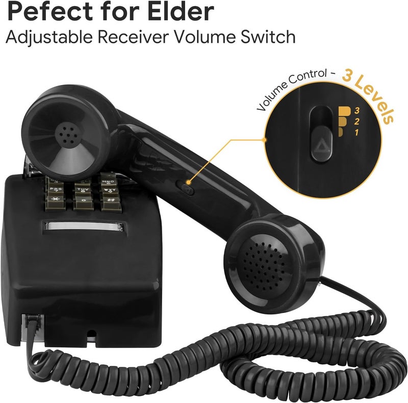 Sangyn Old Style Retro Wall Phone with Handset Volume Control Landline Corded Telehone Waterproof and Moisture Proof for Home,Hotel,Bathroom,Living Room,School and Office,Black - Image 1