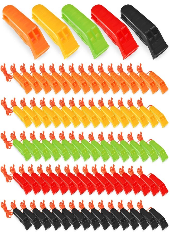 Sotiff 100 Pieces Emergency Whistle with Lanyard Safety Whistle Survival Whistle Loud Blast for Safety Camping Hiking Boating Hunting Survival Rescue Signaling (Black, Green, Yellow, Red, Orange) - Image 1