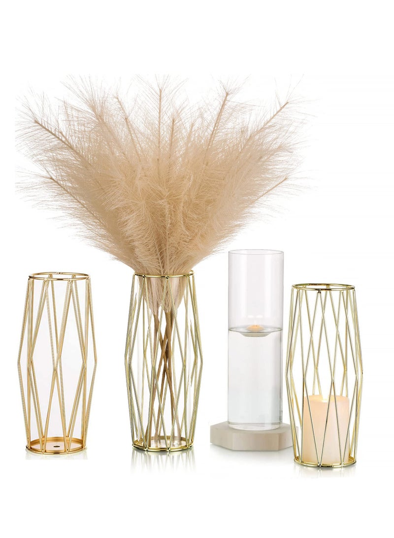 SYOSI Gold Modern Flower Vases for Centerpieces, Set of 2, 11-Inch Large Glass Vase with Metal Stand, Wide Big Tall Geometric Flower Holders for Wedding, Home Decor - Image 1