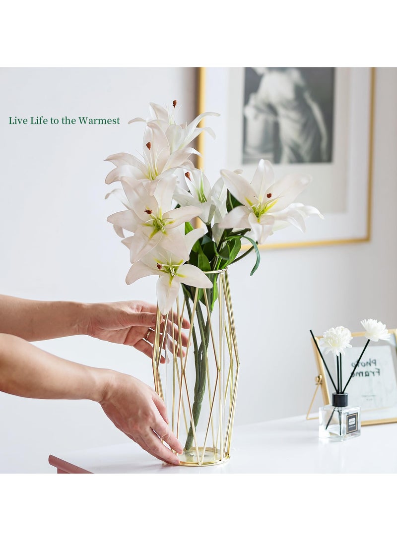 SYOSI Gold Modern Flower Vases for Centerpieces, Set of 2, 11-Inch Large Glass Vase with Metal Stand, Wide Big Tall Geometric Flower Holders for Wedding, Home Decor - Image 2