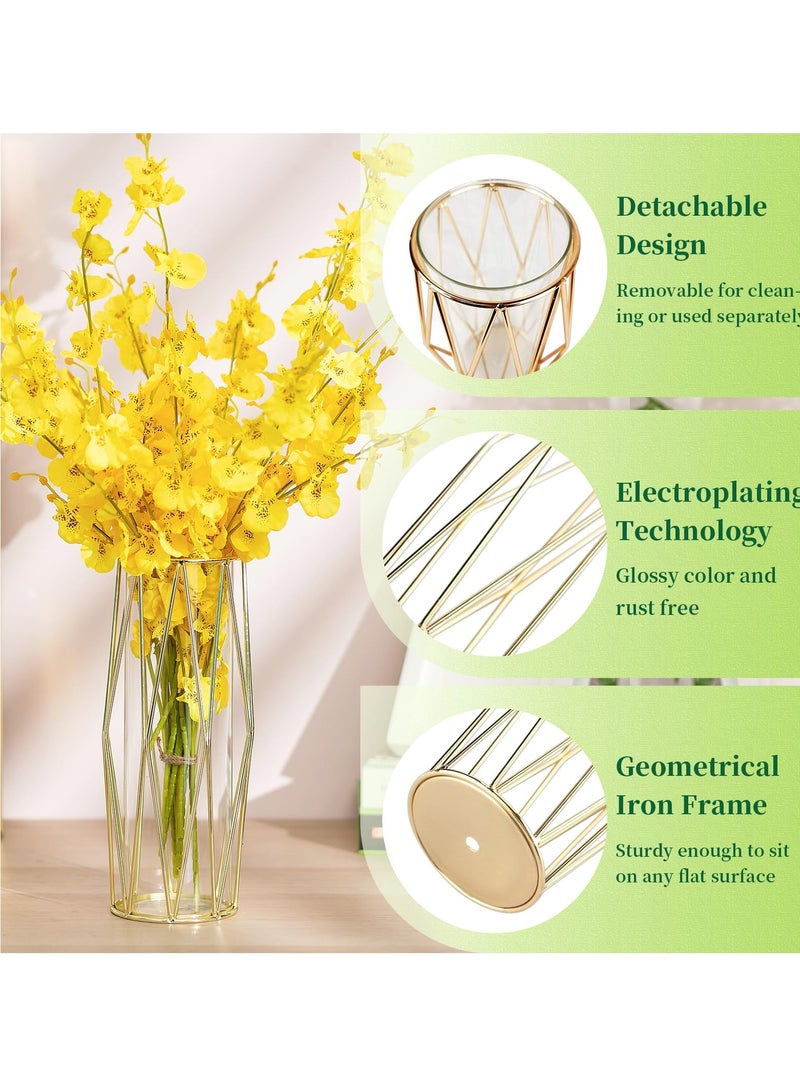 SYOSI Gold Modern Flower Vases for Centerpieces, Set of 2, 11-Inch Large Glass Vase with Metal Stand, Wide Big Tall Geometric Flower Holders for Wedding, Home Decor - Image 5