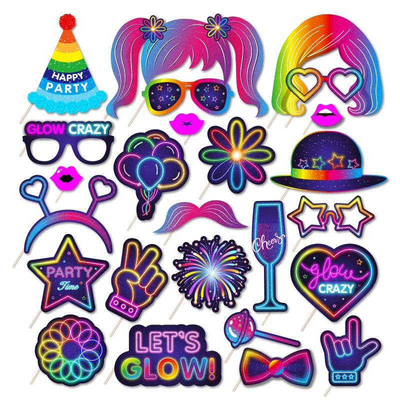25pcs Glow Neon Photo Booth Props with Stick Photo Props for Birthday Lets Glow Themed Neon Glow in The Dark Disco Black Light Party Decoration Supplies