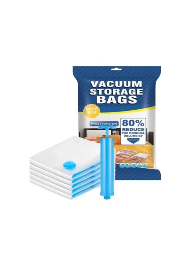 eBasket Set of 6 pieces: 5 vacuum-sealed storage bags + hand pump. Space-saving bags with hand pump. Reusable compression bags for travel, linens, clothes, curtains, and pillows in 3 different sizes. - Image 1