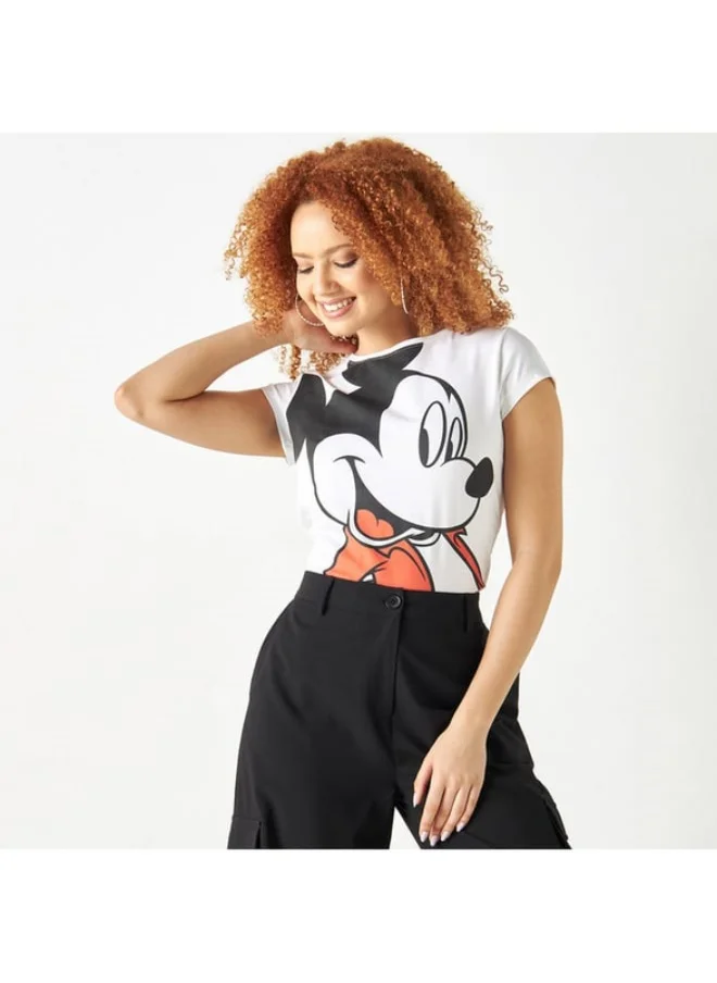 SP Characters Mickey Mouse Print Round Neck T-shirt with Short Sleeves