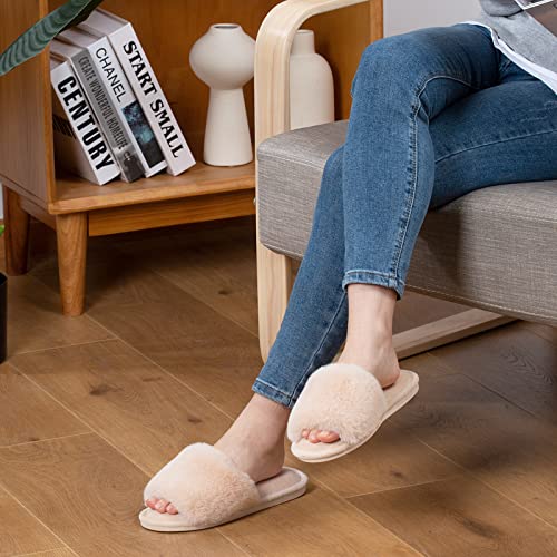 Parlovable Women's Faux Fur Slippers Fuzzy Flat Spa Fluffy Open Toe House Shoes Indoor Outdoor Slip on Memory Foam Slide Sandals Beige 9-10 - Image 4