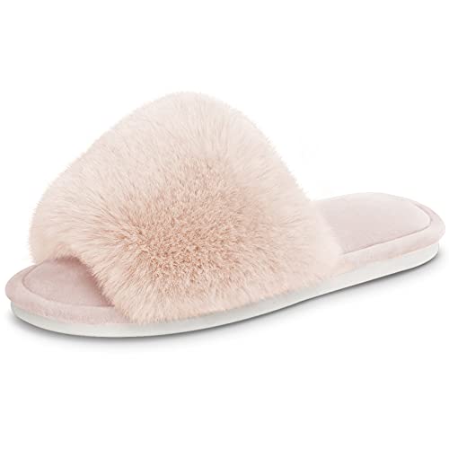 Parlovable Women's Faux Fur Slippers Fuzzy Flat Spa Fluffy Open Toe House Shoes Indoor Outdoor Slip on Memory Foam Slide Sandals Beige 9-10 - Image 1
