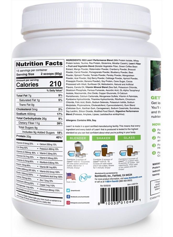 Lean1 بودرة استبدال الوجبات Nutrition 53 Lean 1 لفقدان الوزن، حارق الدهون، التحكم في الشهية، عبوة عادية 2500cc شوكولاتة (15 حصة) - Image 2