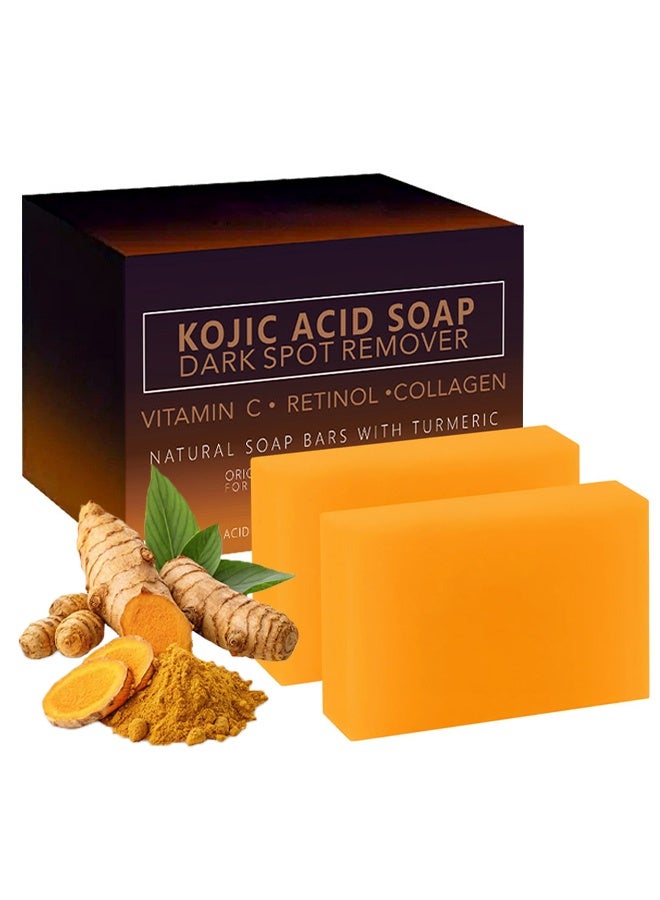 Kojic Acid Soap Dark Spot Remover, Natural Turmeric Soap Bars with Vitamin C, Retinol, Collagen for Hyperpigmentation - Original Japanese Complex Infused with Hyaluronic Acid, Vitamin E, Shea Butter and Castile Olive Oil for Even and Brighter Skin Tone, Face & Body (2 Pack) - Image 1