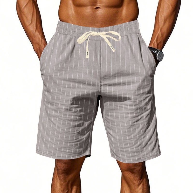 American Linen Shorts Men'S Loose Beach Breathable Striped Jacquard Lace-Up Five-Point Men'S Casual Shorts Summer - Image 1
