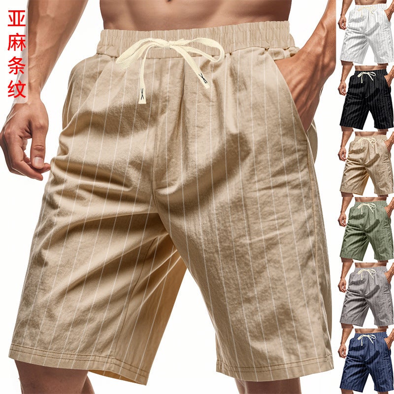 American Linen Shorts Men'S Loose Beach Breathable Striped Jacquard Lace-Up Five-Point Men'S Casual Shorts Summer - Image 2